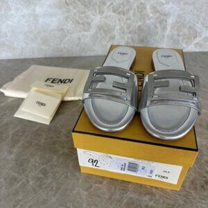 Fendi Metallic Leather Logo Slides Argento 38.5 BNIB